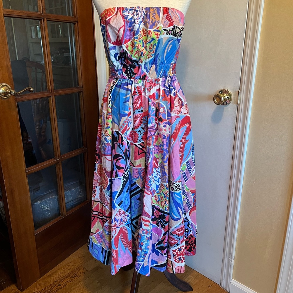 Anthropologie Strapless Multicolor Patchwork Midi Dress